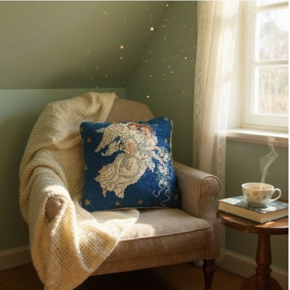 Christmas Pillow Vintage Blue Wool Needlepoint Angels‎  Holiday 10 Inch
